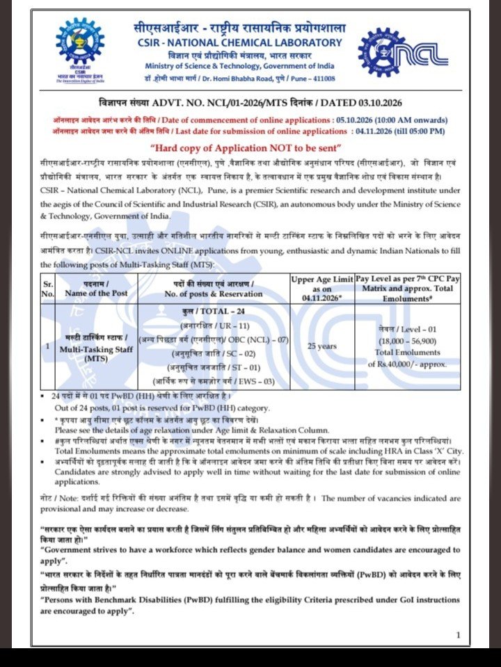 CSIR NCL MTS Recruitment 2026 24 Posts