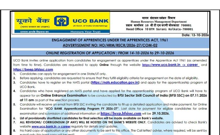 UCO Bank Apprentice Recruitment 2026 में 530 पदों पर भर्ती